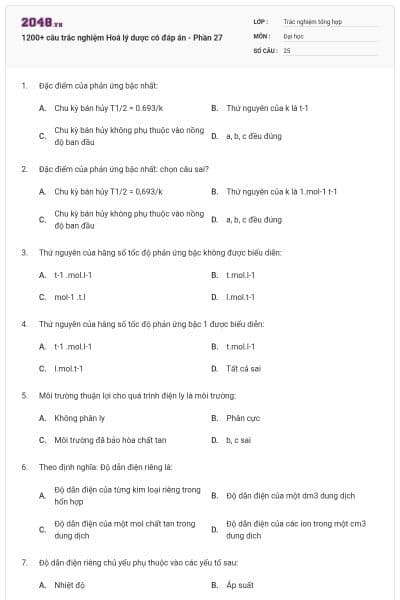 1200+ câu trắc nghiệm Hoá lý dược có đáp án - Phần 27