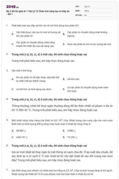 Bộ 3 đề thi giữa kì 1 Vật Lý 12 Chân trời sáng tạo có đáp án - Đề 1