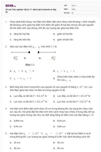 20 câu  Trắc nghiệm Vật lý 11: Định luật Coulomb có đáp án