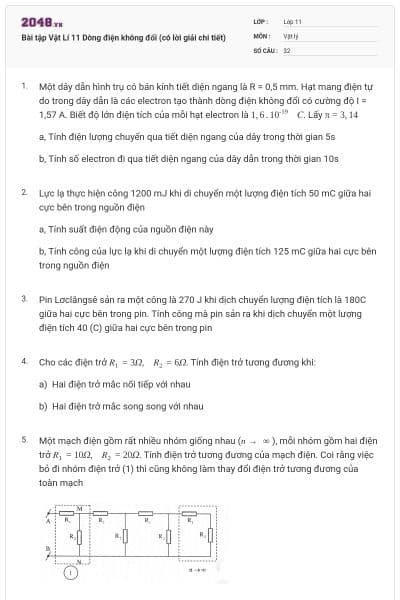 Bài tập Vật Lí 11 Dòng điện không đổi (có lời giải chi tiết)