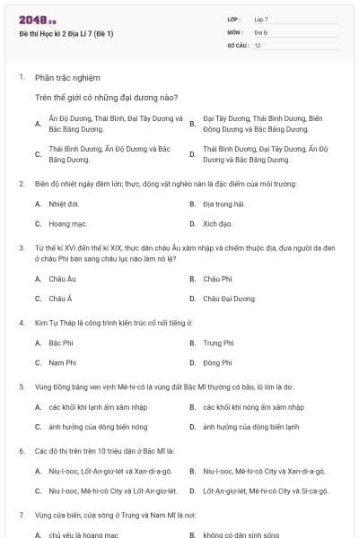 Đề thi Học kì 2 Địa Lí 7 (Đề 1)