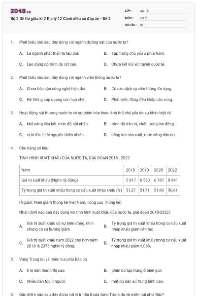 Bộ 3 đề thi giữa kì 2 Địa lý 12 Cánh diều có đáp án - Đề 2