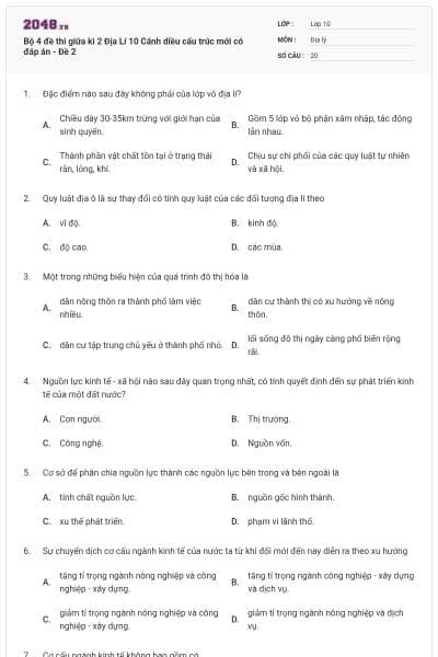 Bộ 4 đề thi giữa kì 2 Địa Lí 10 Cánh diều cấu trúc mới có đáp án - Đề 2