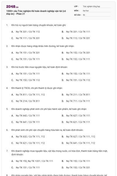 1000+ câu Trắc nghiệm Kế toán doanh nghiệp vận tải (có đáp án) - Phần 21