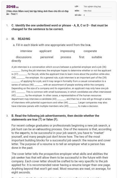(Viên chức Mầm non) bài tập tiếng Anh theo chủ đề có đáp án - Test 1