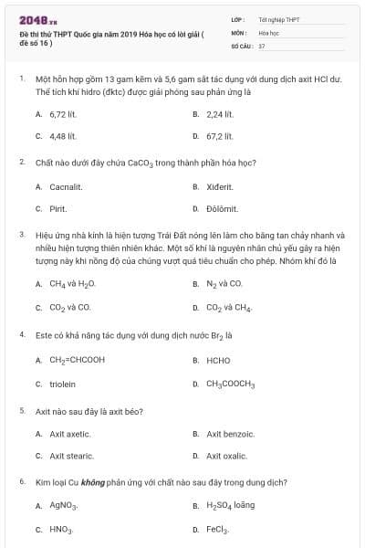 Đề thi thử THPT Quốc gia năm 2019 Hóa học có lời giải ( đề số 16 )