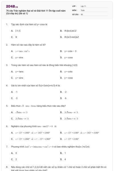 76 câu Trắc nghiệm Đại số và Giải tích 11 Ôn tập cuối năm (Có đáp án) (Đề số 1)