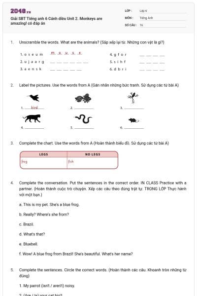 Giải SBT Tiếng anh 6 Cánh diều Unit 2. Monkeys are amazing! có đáp án