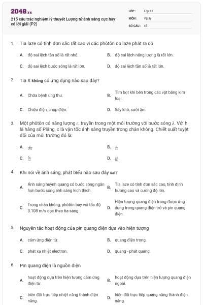 215 câu trắc nghiệm lý thuyết Lượng tử ánh sáng cực hay có lời giải (P2)