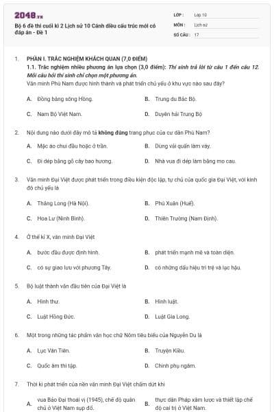 Bộ 6 đề thi cuối kì 2 Lịch sử 10 Cánh diều cấu trúc mới có đáp án - Đề 1