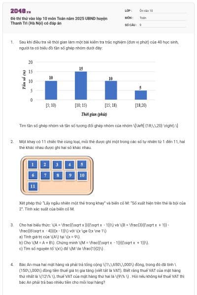 Đề thi thử vào lớp 10 môn Toán năm 2025 UBND huyện Thanh Trì (Hà Nội) có đáp án