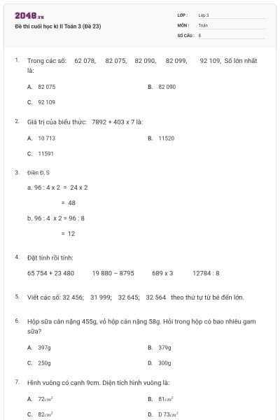 Đề thi cuối học kì II Toán 3 (Đề 23)