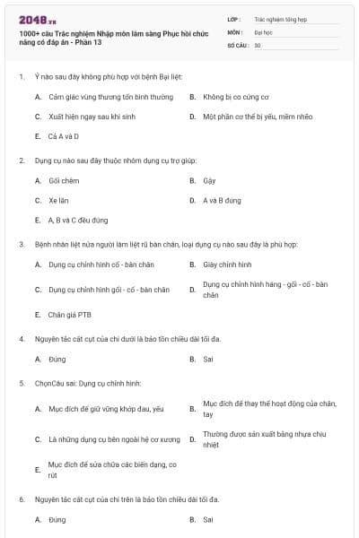 1000+ câu Trắc nghiệm Nhập môn lâm sàng Phục hồi chức năng có đáp án - Phần 13