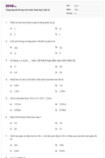 Tổng hợp đề thi học kì II môn Toán lớp 5 (đề 3)