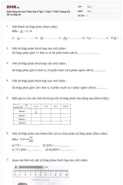 Giải Cùng em học Toán lớp 5 Tập 1 Tuần 7 Tiết 2 trang 25, 26 có đáp án