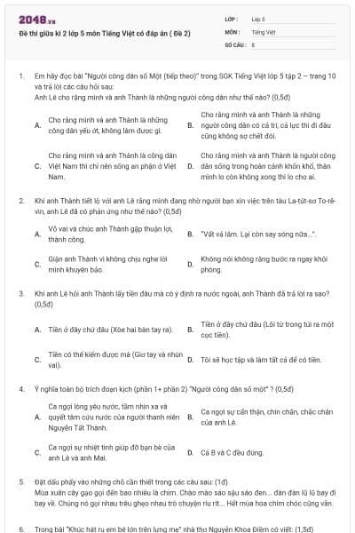 Đề thi giữa kì 2 lớp 5 môn Tiếng Việt có đáp án ( Đề 2)