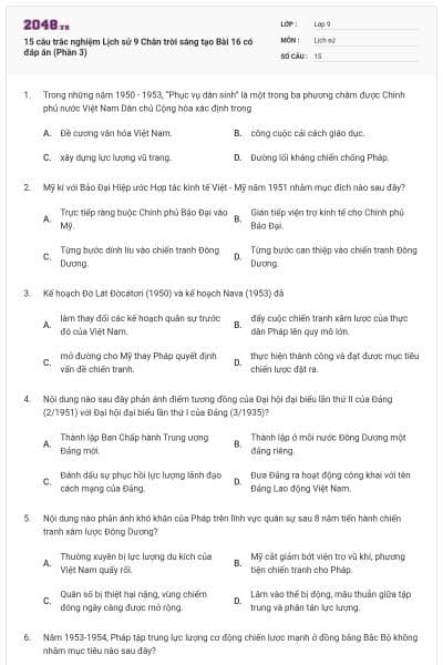 15 câu trắc nghiệm Lịch sử 9 Chân trời sáng tạo Bài 16 có đáp án (Phần 3)
