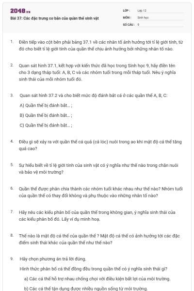 Bài 37: Các đặc trưng cơ bản của quần thể sinh vật