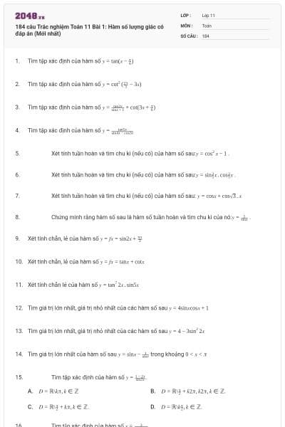 184 câu Trắc nghiệm Toán 11 Bài 1: Hàm số lượng giác có đáp án (Mới nhất)