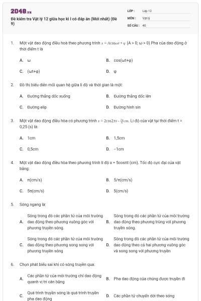 Đề kiểm tra Vật lý 12 giữa học kì I có đáp án (Mới nhất) (Đề 9)