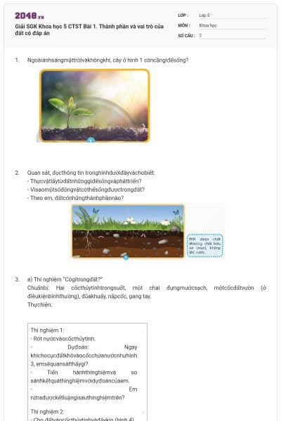 Giải SGK Khoa học 5 CTST Bài 1. Thành phần và vai trò của đất có đáp án