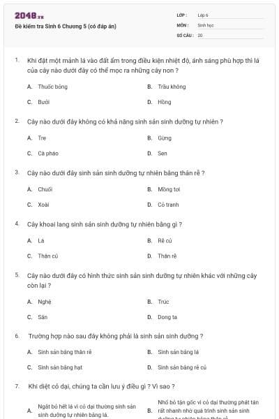 Đề kiểm tra Sinh 6 Chương 5 (có đáp án)