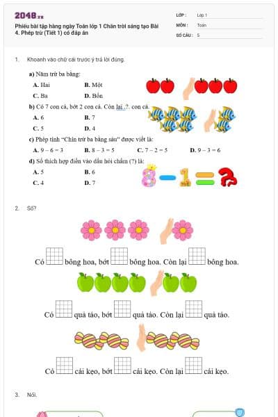 Phiếu bài tập hàng ngày Toán lớp 1 Chân trời sáng tạo Bài 4. Phép trừ (Tiết 1) có đáp án