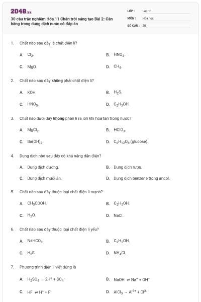 30 câu trắc nghiệm Hóa 11 Chân trời sáng tạo Bài 2: Cân bằng trong dung dịch nước có đáp án