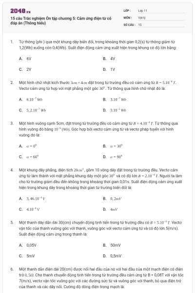 15 câu Trắc nghiệm Ôn tập chương 5: Cảm ứng điện từ có đáp án (Thông hiểu)