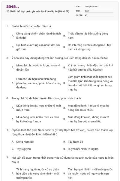 20 Đề thi thử thpt quốc gia môn Địa lí có đáp án (Đề số 08)