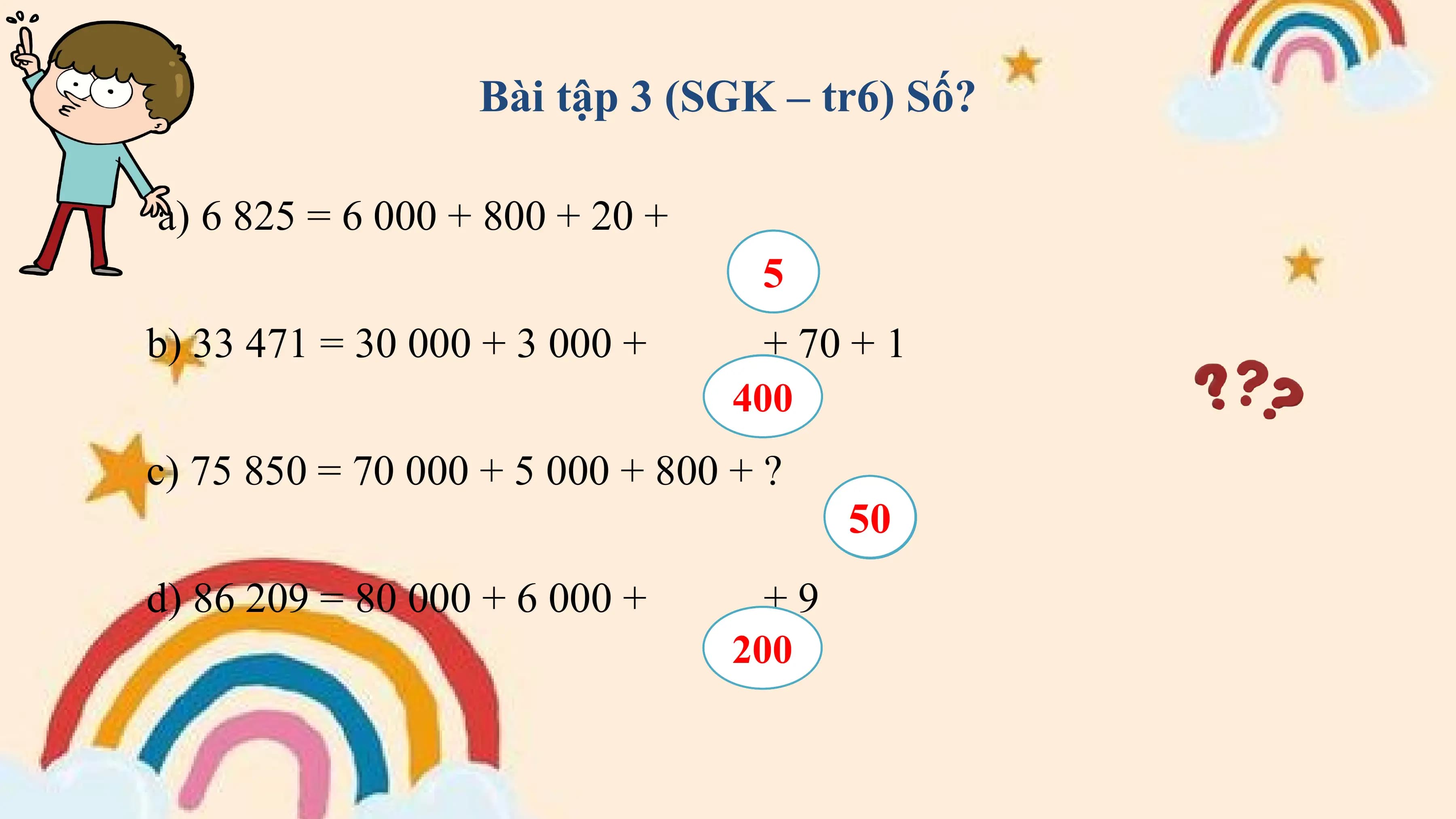 Bài tập 3 (SGK – tr6) Số?

a) 6 825 = 6 000 + 800 + 20 +
 5?
b) 33 471 = 30 000 + 3 000 + + 70 + 1
 ?
 400
c) 75 850 = 70 000 + 5 000 + 800 + ?
 50
 ?
d) 86 209 = 80 000 + 6 000 + +9
 ?
 200