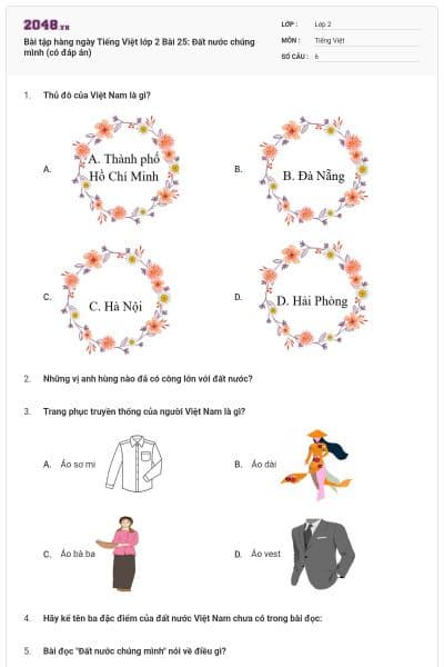 Bài tập hàng ngày Tiếng Việt lớp 2 Bài 25: Đất nước chúng mình (có đáp án)