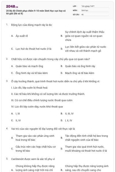 20 Bộ đề Chinh phục điểm 9-10 môn Sinh Học cực hay có lời giải (Đề số 8)