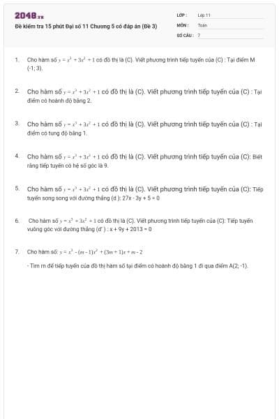 Đề kiểm tra 15 phút Đại số 11 Chương 5 có đáp án (Đề 3)