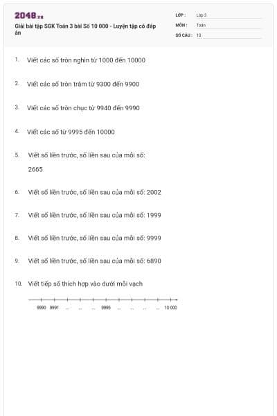 Giải bài tập SGK Toán 3 bài Số 10 000 - Luyện tập có đáp án