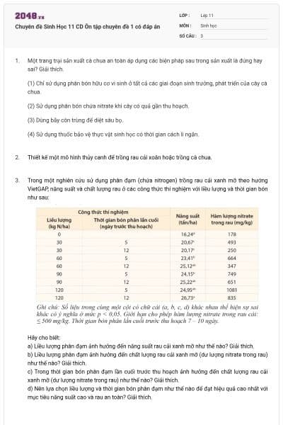Chuyên đề Sinh Học 11 CD Ôn tập chuyên đề 1 có đáp án