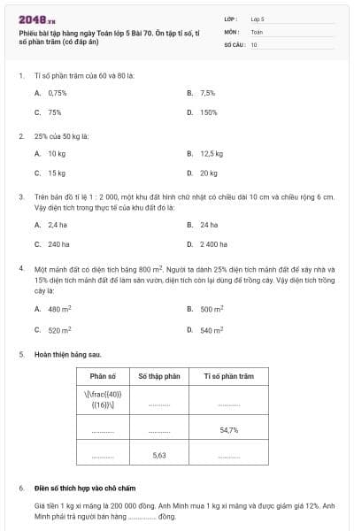 Phiếu bài tập hàng ngày Toán lớp 5 Bài 70. Ôn tập tỉ số, tỉ số phần trăm (có đáp án)