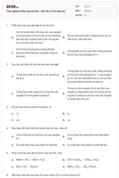 Trắc nghiệm Phản ứng oxi hóa - khử lớp 10 (có đáp án)