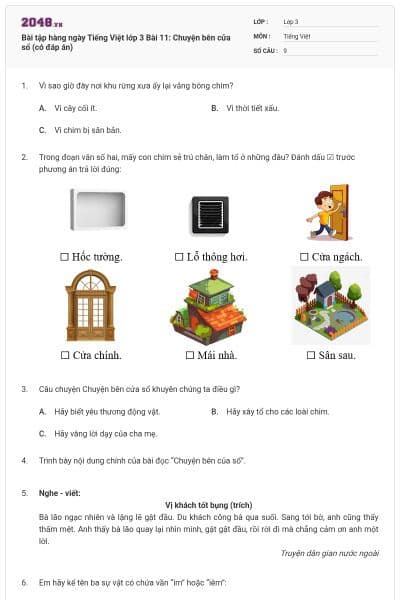 Bài tập hàng ngày Tiếng Việt lớp 3 Bài 11: Chuyện bên cửa sổ (có đáp án)