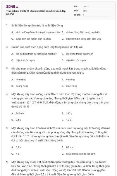Trắc nghiệm Vật lý 11 chương 5 Cảm ứng điện từ có đáp án (P2)