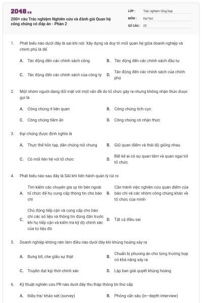 200+ câu Trắc nghiệm Nghiên cứu và đánh giá Quan hệ công chúng có đáp án - Phần 2