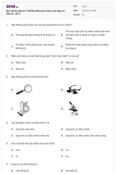 Bộ 4 đề thi giữa kì 1 KHTN 6 Kết nối tri thức (nối tiếp) có đáp án - Đề 3
