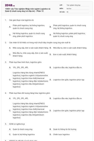 1000+ câu Trắc nghiệm Nhập môn ngành Logistics và Quản lý chuỗi cung ứng (có đáp án) - Phần 12