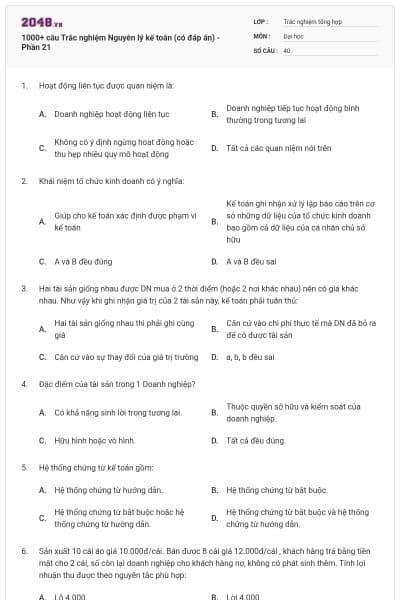1000+ câu Trắc nghiệm Nguyên lý kế toán (có đáp án) - Phần 21