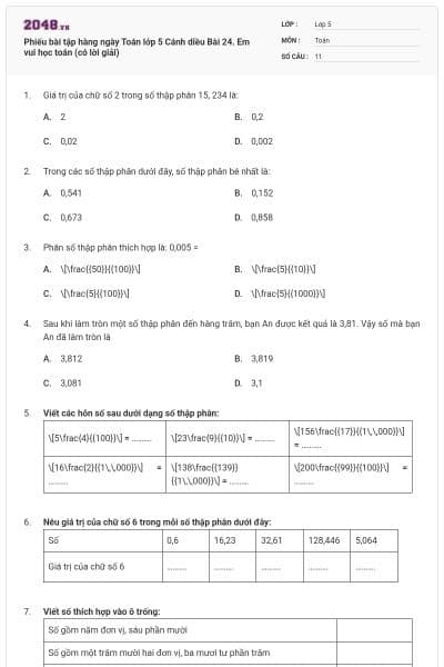 Phiếu bài tập hàng ngày Toán lớp 5 Cánh diều Bài 24. Em vui học toán (có lời giải)