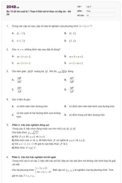 Bộ 10 đề thi cuối kì 1 Toán 9 Kết nối tri thức có đáp án - Đề 06