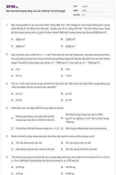 Bài toán khối lượng riêng của các chất lớp 10 (có lời giải)