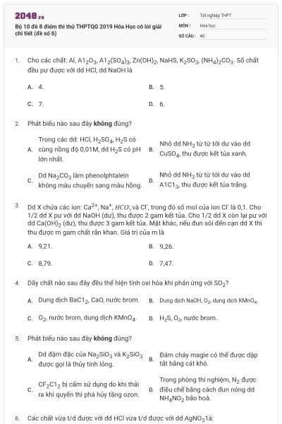 Bộ 10 đề 8 điểm thi thử THPTQG 2019 Hóa Học có lời giải chi tiết (đề số 6)