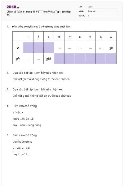 Chính tả Tuần 11 trang 49 VBT Tiếng Việt 2 Tập 1 (có đáp án)