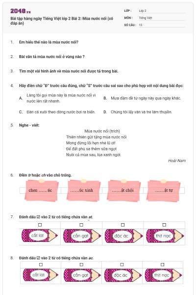 Bài tập hàng ngày Tiếng Việt lớp 2 Bài 2: Mùa nước nổi (có đáp án)